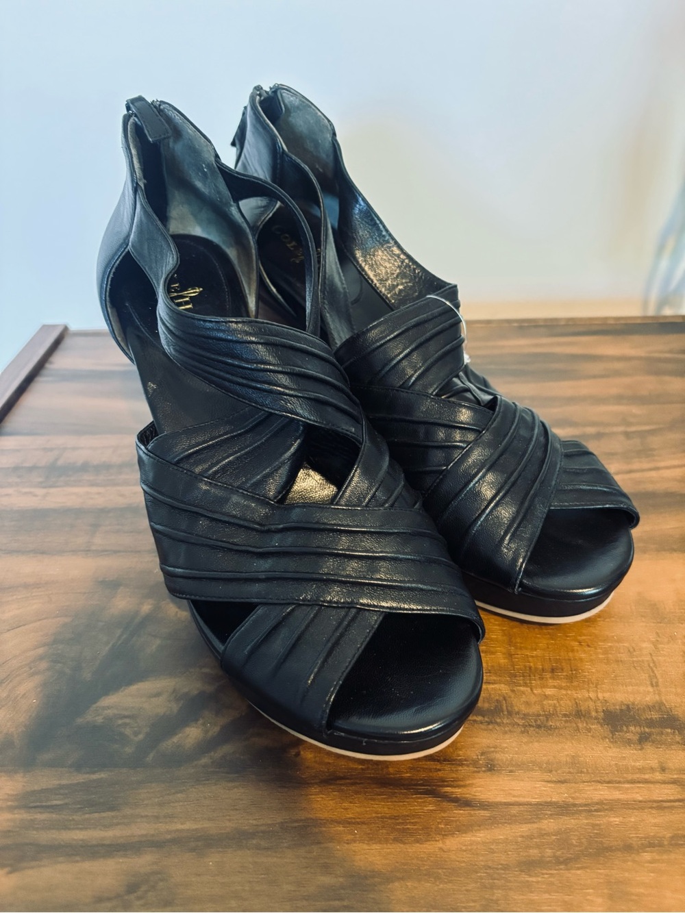 Cole Haan Size 10 Black Crisscross Peep-Toe Wedge Sandals